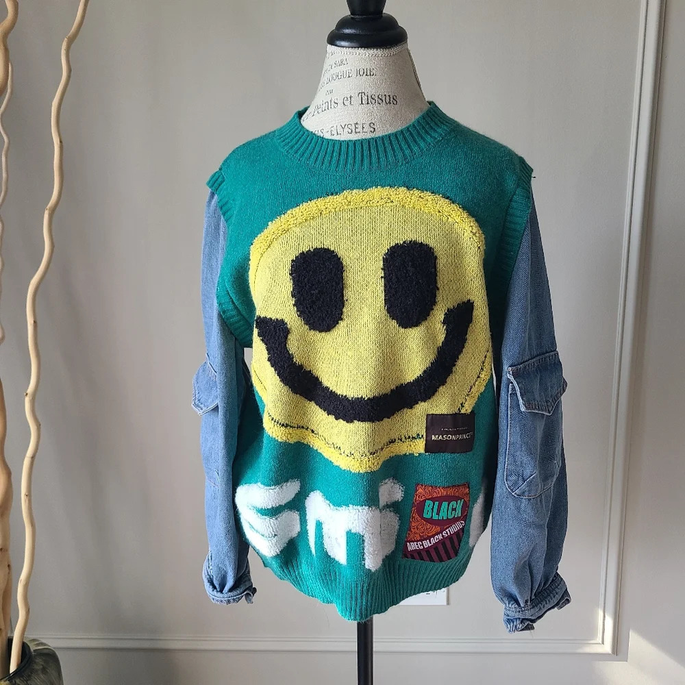 Fancy Dream smiley face denim Sleeve  knit sweater Women's sz.M